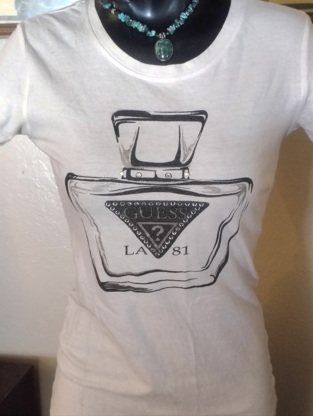 So Hot! Vintage Guess Perfume Bottle Graphic T-Shirt Rhinestone Logo Small